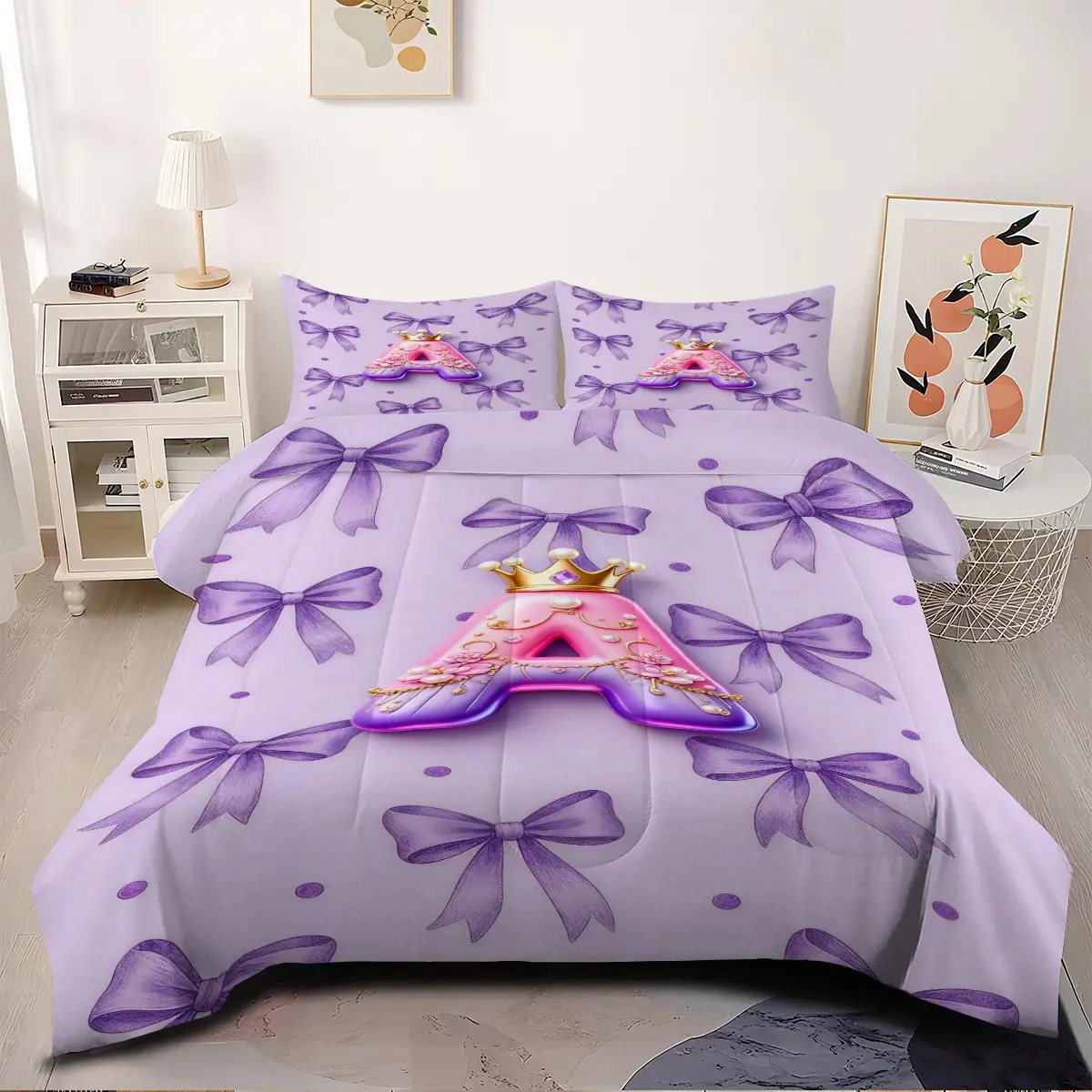 2/3Pcs Purple Bow & Letter A~M Pattern Print Comforter Set, Personalized Bedding Set, Personalized Initial Quilt, Soft Cozy Quilt for Girls Bedroom, Teens Room and Dorm Decor, Suitable for All Seasons. 1 or 2 Pillowcase No Pillow Core