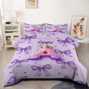 2/3Pcs Purple Bow & Letter A~M Pattern Print Comforter Set, Personalized Bedding Set, Soft Cozy Quilt for Girls Bedroom, Teens Room and Dorm Decor, Suitable for All Seasons. 1 or 2 Pillowcase No Pillow Core