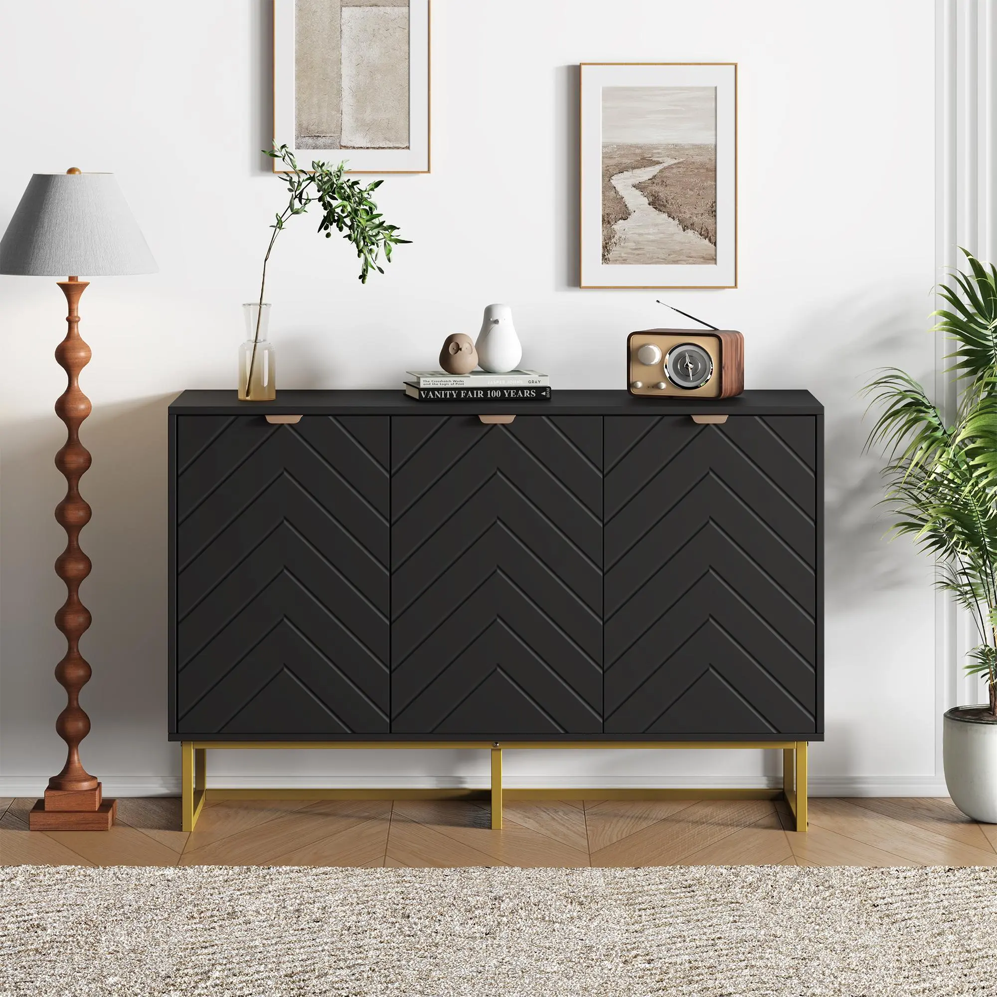 Modern Buffet Sideboard with 3 Doors and Shelf Wood Credenza Console Cabinet Black