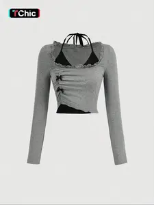 Women's 2 in 1 Bow Decor Frill Halter Tee, Y2K Trendy Casual Everyday Tie Back Long Sleeve T-shirt for Fall & Winter, Women's Clothes for Daily Wear, Lady Top