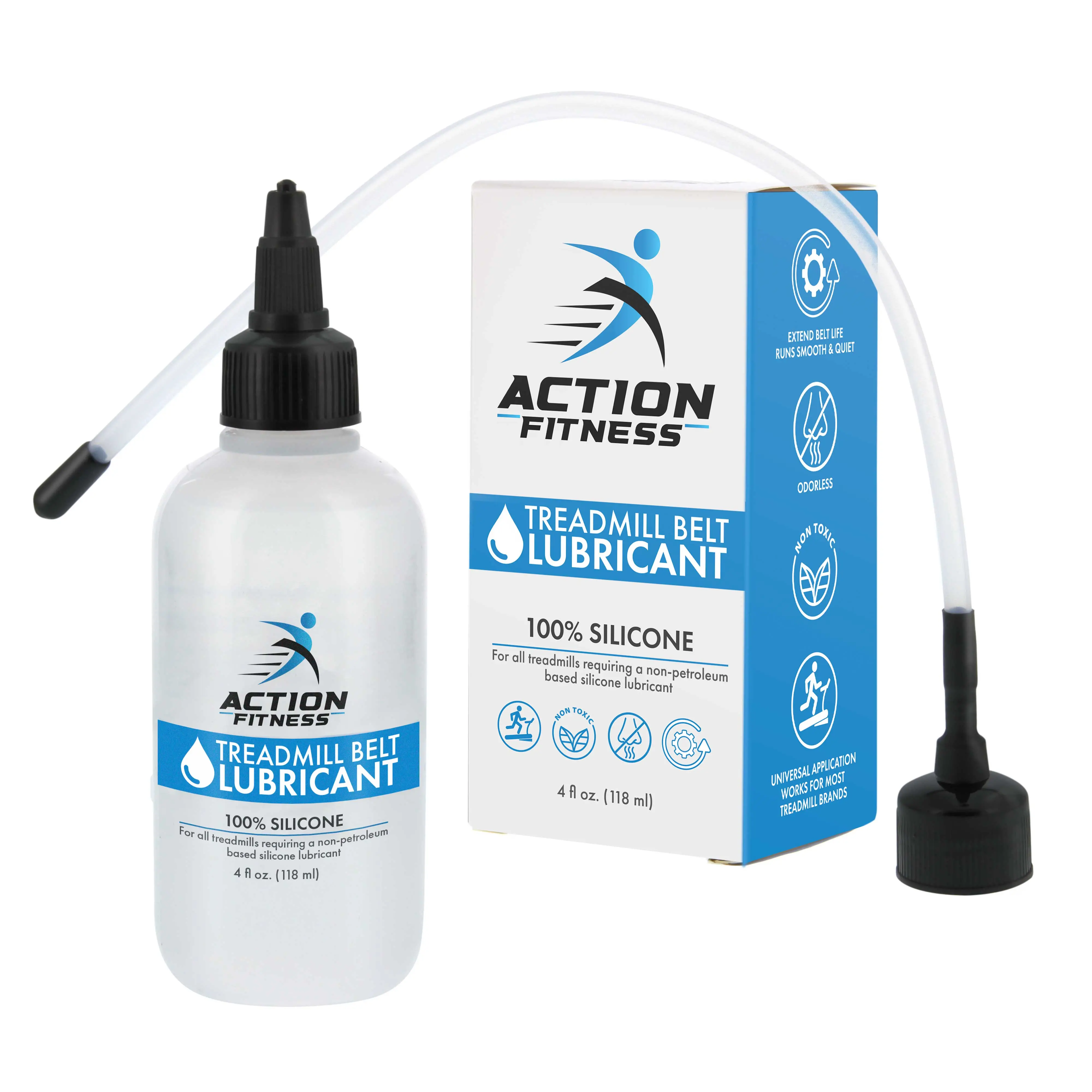 Action Fitness 100% Silicone Treadmill Belt Lube, 4-Ounce Bottle, Lube Application Tube & Twist Spout Cap, Full Belt Width Lubrication, Odorless