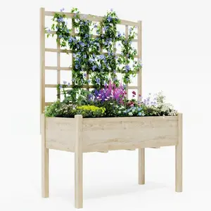 Wooden Raised Garden Bed with Trellis, 65" Freestanding Elevated Planter Box with Legs & Liner, Outdoor Raised Planter for Patio Balcony Backyard, Ideal for Climbing Plants Flowers, Natural