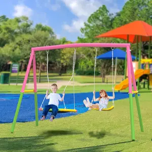 Swing Set for Backyard, 330lbs Swing Set with Heavy-Duty A-Frame Metal Outdoor Swing Stand, 1 Saucer Swing Seat & 1 Belt Swings Seat