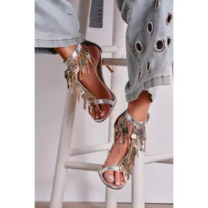 AKIRA GOLD ANNIKI SILVER KEY EMBELLISHED NOVELTY STILETTO SANDAL