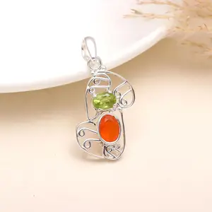 The Vibrant Duo: Peridot & Carnelian Abstract Silver Pendant