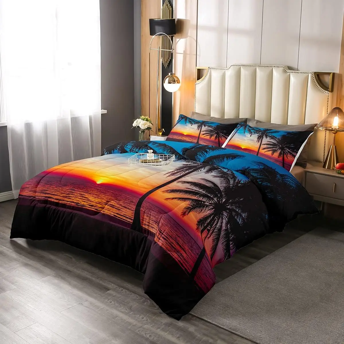 Luxury Coastal Decorative Bedsheet Sets - Multi-Size Microfiber Sea Print Duvets & Sets with 3D Relief, Artistic Design, Breathable Modern Ocean Beach Theme, Tropical Palm Trees Sunset Linens, Queen Size Option, Machine Washable Cozy Bedding