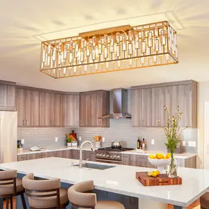 Garwarm 38.7 inch Gold Crystal Chandelier for Living Room, 6-Light Rectangle Flush Mount Ceiling Light Modern Chandeliers for Dining Room,Kitchen Chandeliers Over Table