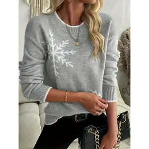 Women's elegant winter snowflake sweater knit sweater, soft round neck long sleeved pullover, Christmas casual style, comfortable in autumn and winterRAIMENTRY
