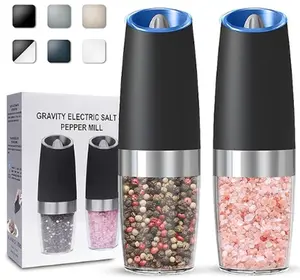 Automatic Electric Pepper and Salt Grinder, Auto Salt or Pepper Mill Shaker Stainless Steel,Blue LED Light,One Hand Operated, Black Kitchen Seasoning Ceramic Utensils Button Container