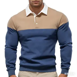 Mens Long Sleeve Polo Collar Sweatshirt Solid Color Design Casual Rugby Polo Pullover Black Contrast Panels Breathable Soft Fabric Fall Winter Versatile Daily Wear Essential