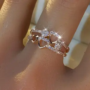 Women's Elegant Gold-Tone Cubic Zirconia Ring - 1pc with Heart Cutouts, Delicate Chain-Link Details, Ideal Daily/Female Engagement or Gift Jewelry
