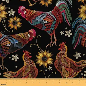 Chicken Print Fabric By The Yard,Farm Animals Upholstery Fabric for Chairs Sofa Couch,Botanial Sunflower Fabric,Waterproof,Red Black Yellow, Farm Animal Pattern, Waterproof Material
