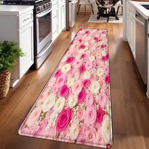 1PC， Pink and White Rose Floral Image Patterned strip rugs, home décor, bathroom mats, entryway mats, bathroom non-slip mats, indoor entrance rugs, bedroom bedside mats, kitchen mats, hallway rugs, flannel sponge rugs, hallway runner rugs