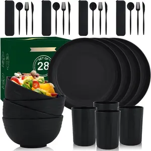 28- Wheat Straw Dinnerware Sets, Microwave & Dishwasher Safe Unbreakable Dinnerware Set,  Dishware Sets, Lightweight Camping Dishes, Plates, Cups, Cereal Bowls for 4(Black)