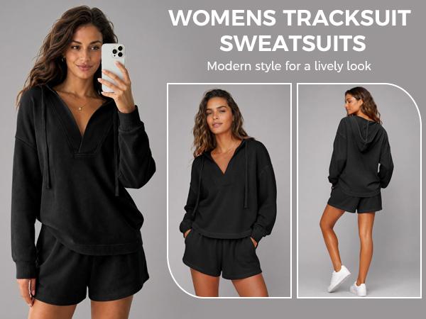 Fisoew Womens 2 Piece Lounge Matching Sets Hoodies and Shorts Sweatsuits | Long Sleeve, V Neck, Two Piece, Oversized, Pullover Sweatshirts, Tracksuit, Active, Athleisure, Fall Outfit, Travel Vacation
