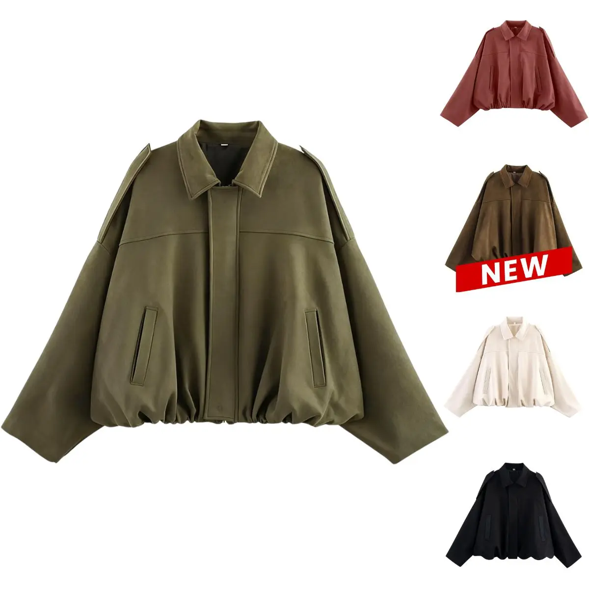 Women's Fitted Solid Faux Suede Batwing Sleeve Drop Shoulder Waterproof Flying Jacket - Foldable Lapel Zip-Up Elevated Casual Outerwear, Fall Pilot Coat with Pockets, Cold-Wash Polyester Streetwear Top with Pleated Hem, Thanksgiving Wear