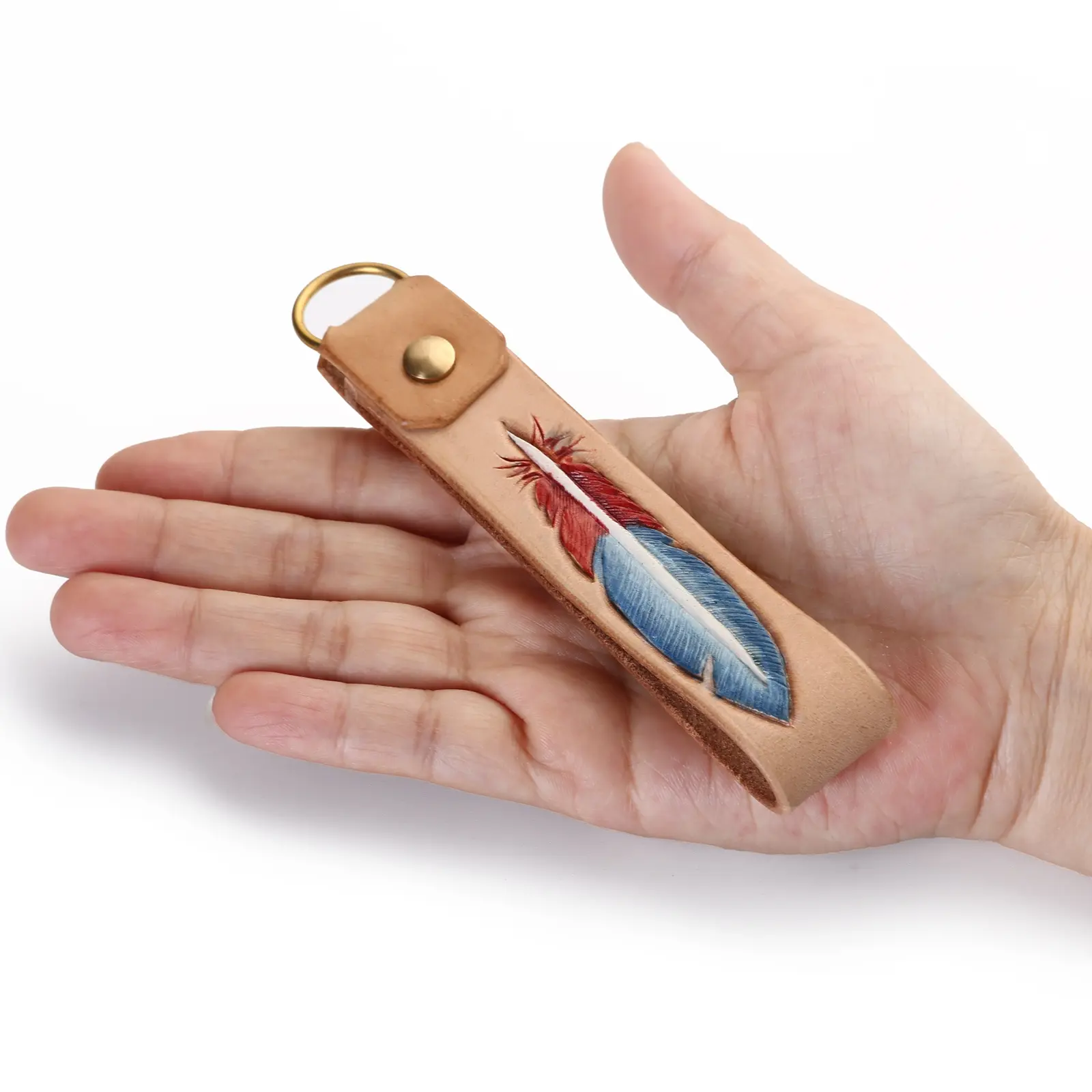 Handmade DIY carving of feather patterns, leather keychain with copper ring, portable for daily outdoor use, also suitable for pet leashes