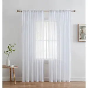 HLC.ME Penelope Faux Linen Textured Privacy Sheer Light Filtering Rod Pocket Curtains Panels, Set of 2 - Bright White, 54 W x 63 L