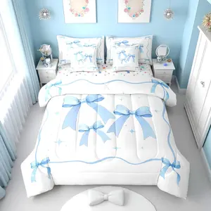 Light Blue Bow Comforter Bed Set with Sheets,Girls Coquette Ribbon Bows Bedding Set,7 Piece Kids Women,Blue and White Bow Tie Bed Bag,Preppy Bowtie Sheet