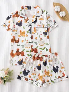 Easter Cartoon Animal Chicken Print Sleepwear Set, Cute Fitted Short Sleeve Top and Loose Shorts, Comfortable Women's Pajamas