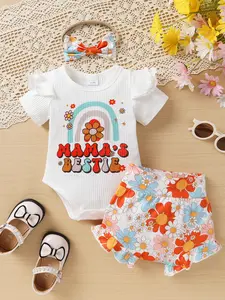 3-piece Elegant, Sweet And Cute Letter Rainbow Floral Print Ruffled Jumpsuit And Shorts With Headband Set For Baby Girls, Suitable For Casual Daily Vacations And Parties