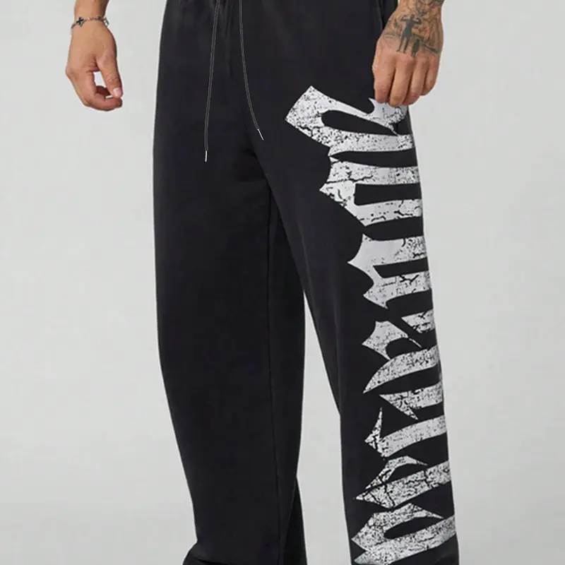 Vintage Geometric Letter Print Casual Lounge Pants, Loose Fit Street Style Straight Leg Long Pants, Comfortable Knit Fabric Fall & Winter Fashion for Men, Casual Fashion Bottoms