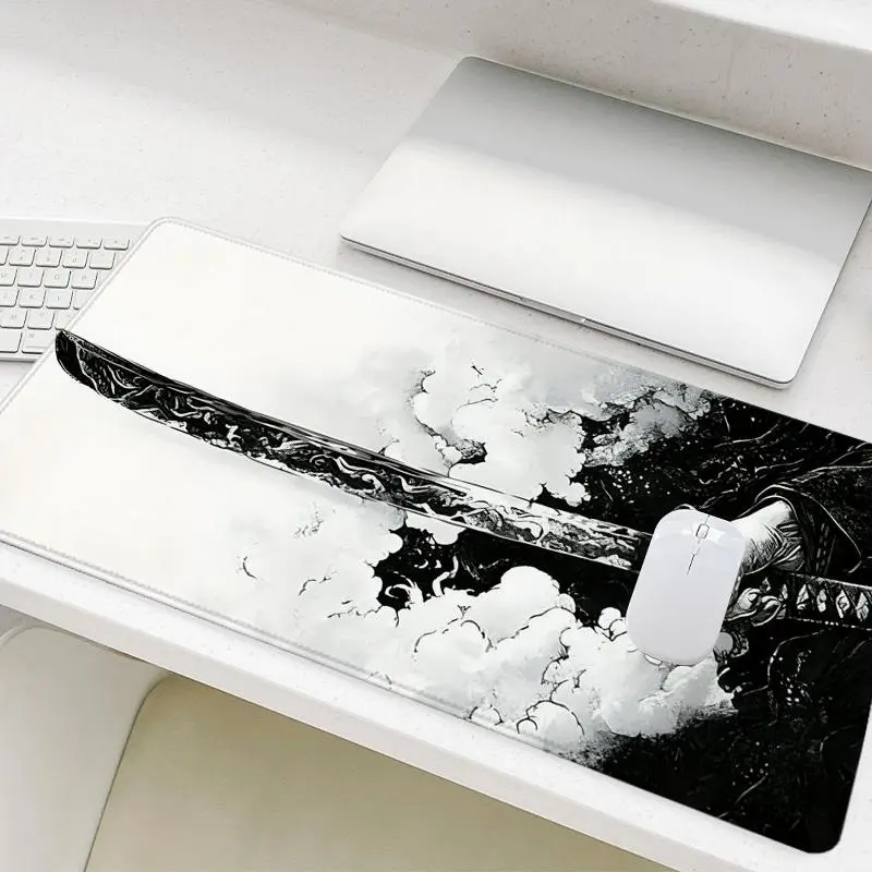 Anime Japanese Katana Pattern Mouse Pad, Rectangle Gaming Mouse Pad, Non-Slip Rubber Base Stitched Edge Desk Pad for Home Office Game Room, Desk Accessories
