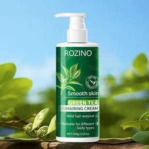Rozino Green Tea Unharing Cream - Mild Hair Removal Formula for All Body Types - Cleanses Refreshes Leaves Skin Smooth & Bright - Gentle Full Body Hair Removal - 100g