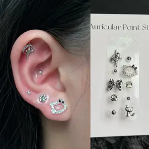 LuluPop  Ear Seeds Jewelry Kitty Acupressure Stickers – Non Piercing Sliver Bow Paw Star Cat Adhesive Ear Seeds Studs， Ear seeding patches non-piercing body Jewelry ear Seeds patches Ear Seed Earrings