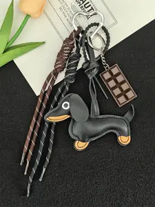 Y2K Vintage Leather Sausage Dog Chocolate Bag Charm Keychain, Patchwork Puppy + Chocolate Pendant + Woven Rope Fringe, Multi-Color Options