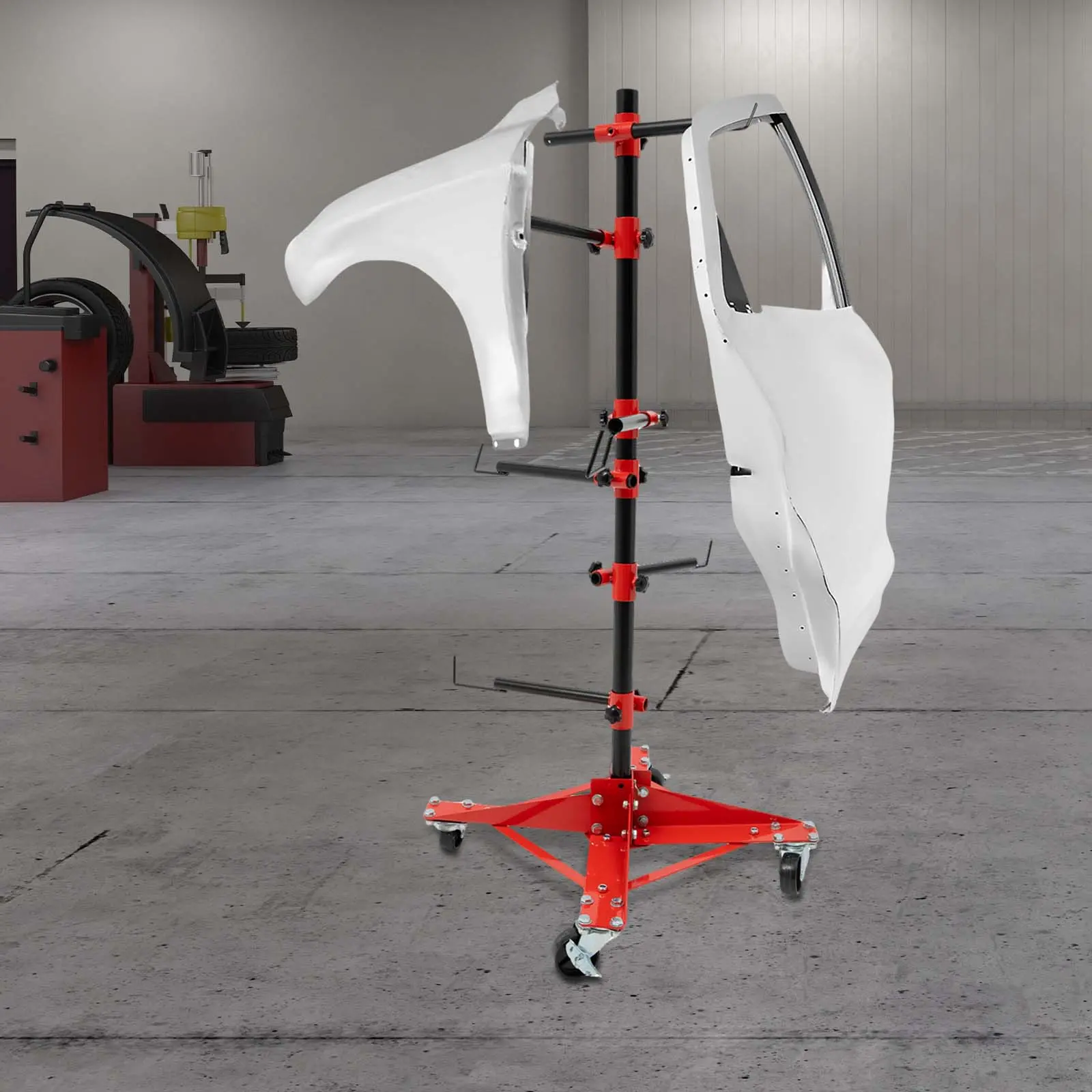 Panel Tree Paint Stand 47x47x120cm, Red Black Iron Car Parts Drying Rack with 6 Hooks and 4 Wheels, Auto Body Repair Stand
