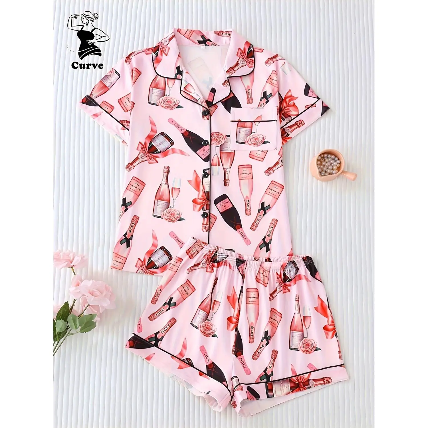 Women's Two-Piece Wine Bottle Pattern Pajama Set with Short-Sleeve Button-Up Top and Loose Shorts - Elegant Sleepwear Collection