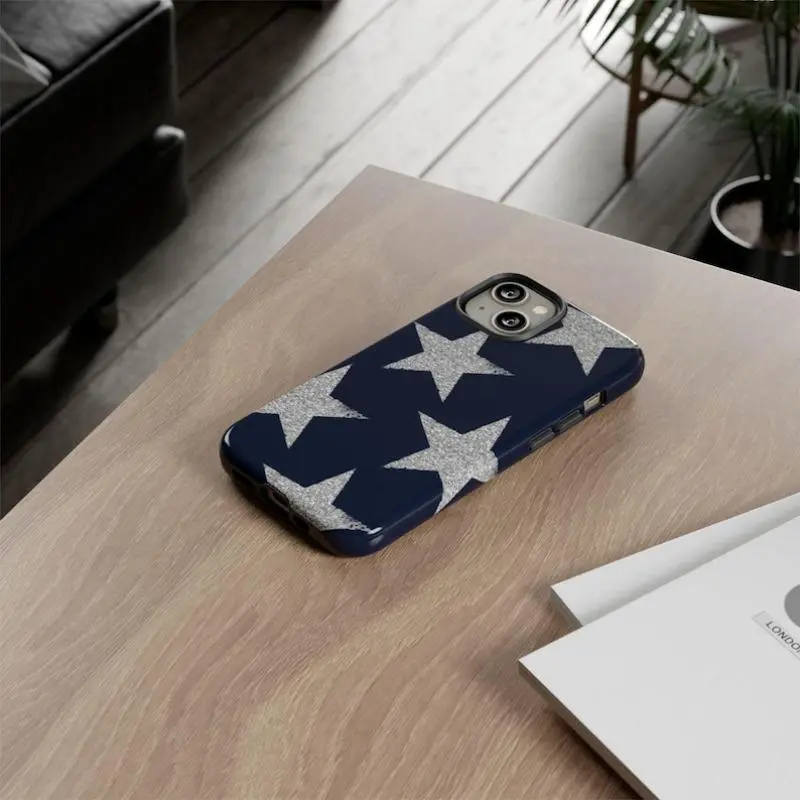 Sparkly Star Navy Tough Phone Case, Trendy Suitable for Iphone 11/12/13/14/15/16/17 Pro Promax Plus Air, Cute Y2K Aesthetic Dual Layered Protective