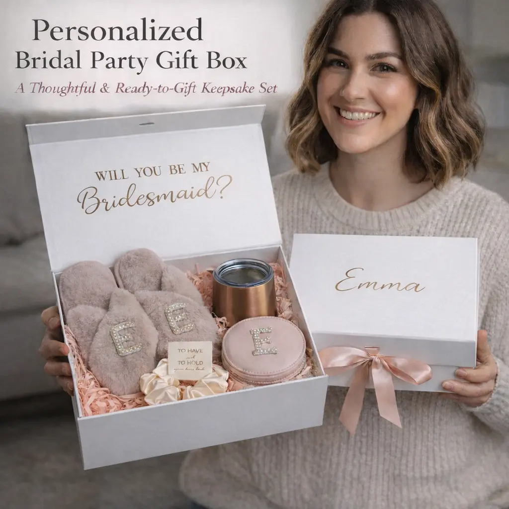 Taniri Female Customizable Bridesmaid Proposal Gift Box Set - 4-Piece Personalized Pack with Initial-Print Slippers, Pearl Wine Tumbler, Jewelry Box, Scrunchie - Ready-to-Gift for Proposal Parties, Aluminium