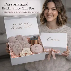 Taniri Personalized Female Bridal Gift Box Set - Customizable 4-Item Pack with Custom Initials Print Slippers, Pearl Wine Tumbler, Jewelry Box, Scrunchie - Ready-to-Gift for Bridesmaids Proposal Parties