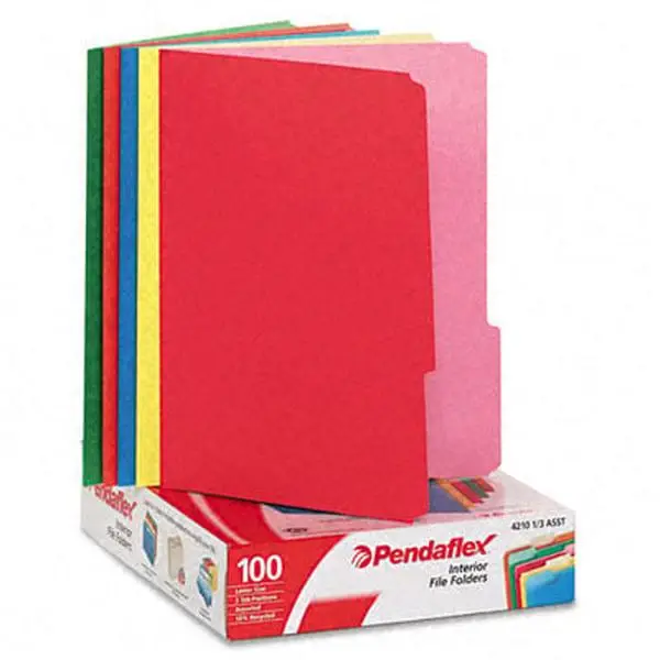 Pendaflex Interior File Folders- 1/3 Cut- Top Tab- Letter- Bright Assortment- 100/Box