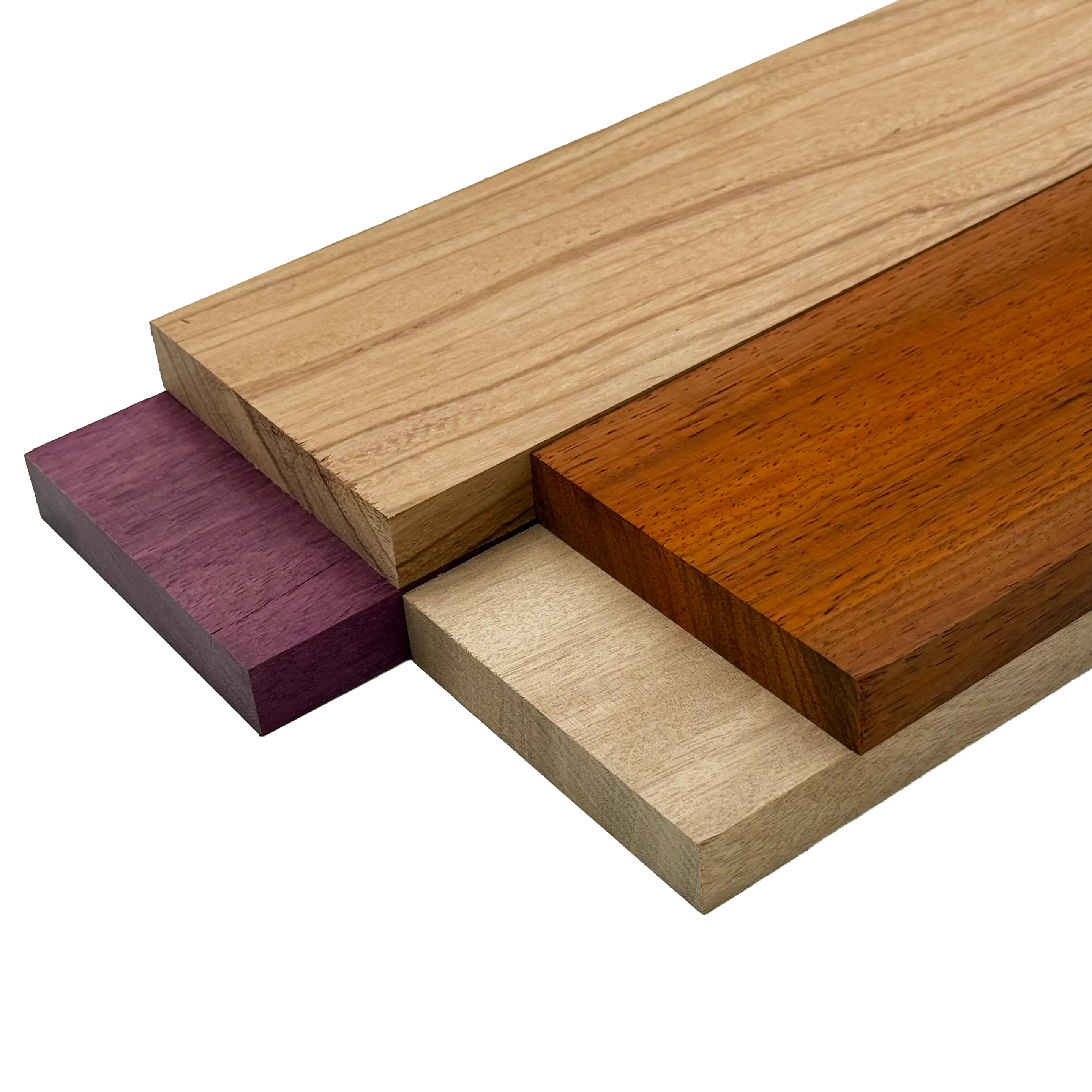 Imported Exotic Hardwood Variety Pack - Red Zebrawood, Purpleheart, Padauk, Okoume - 3/4" x 4" (4 Pcs)