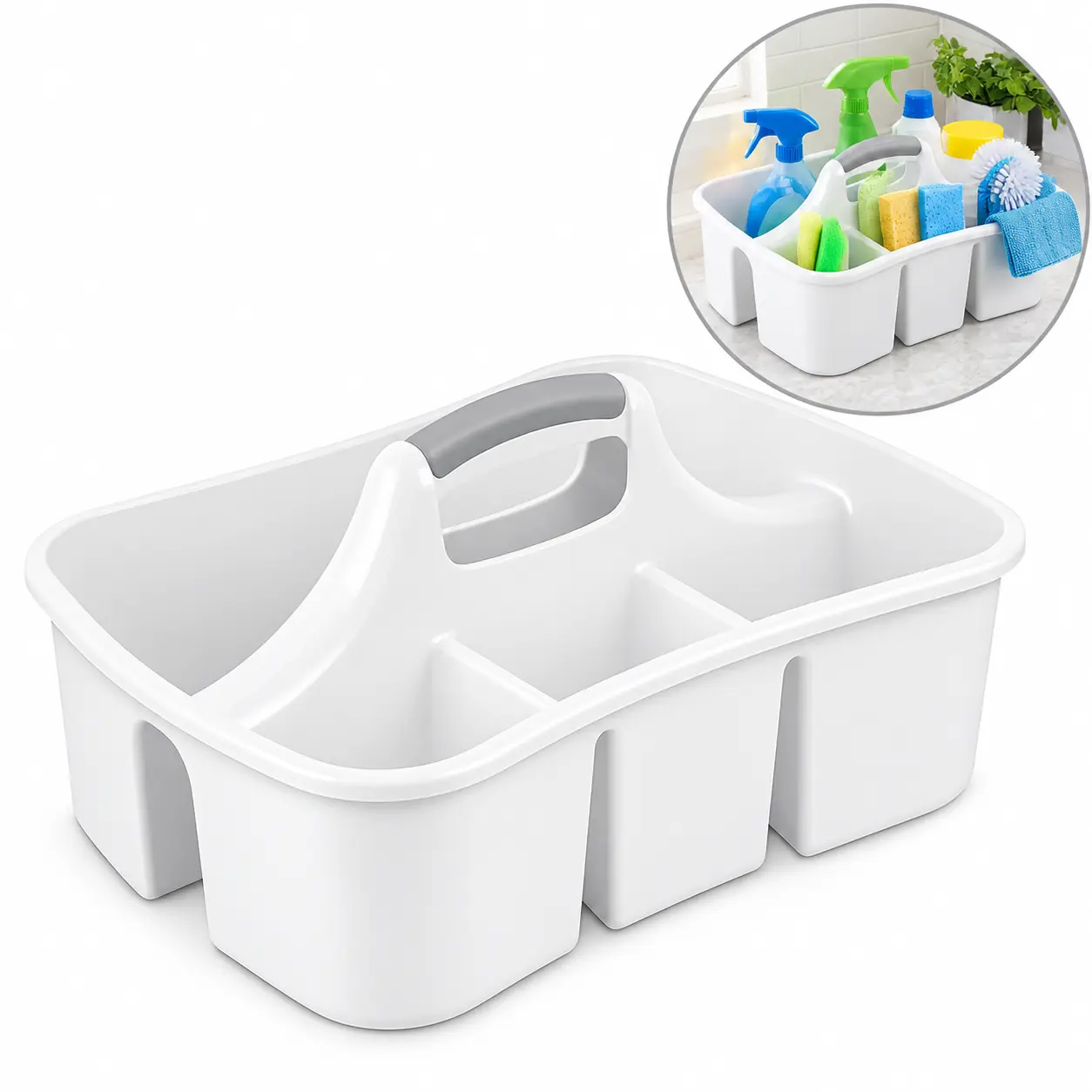 Divided Utility Storage Caddy with Handle - 9 Compartment Plastic Organizer for Cleaning Supplies, Tools & Auto Detailing, White
