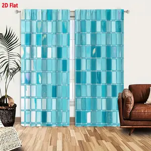 2D Flat Blue Glass Mosaic Pattern Blackout Curtain 2-Piece Set, Turquoise Teal Iridescent Shimmer Tiles Window Curtains, Cool Tranquil Grid Design for Bathroom Living Room Bedroom Decor, Privacy Grommet Curtains