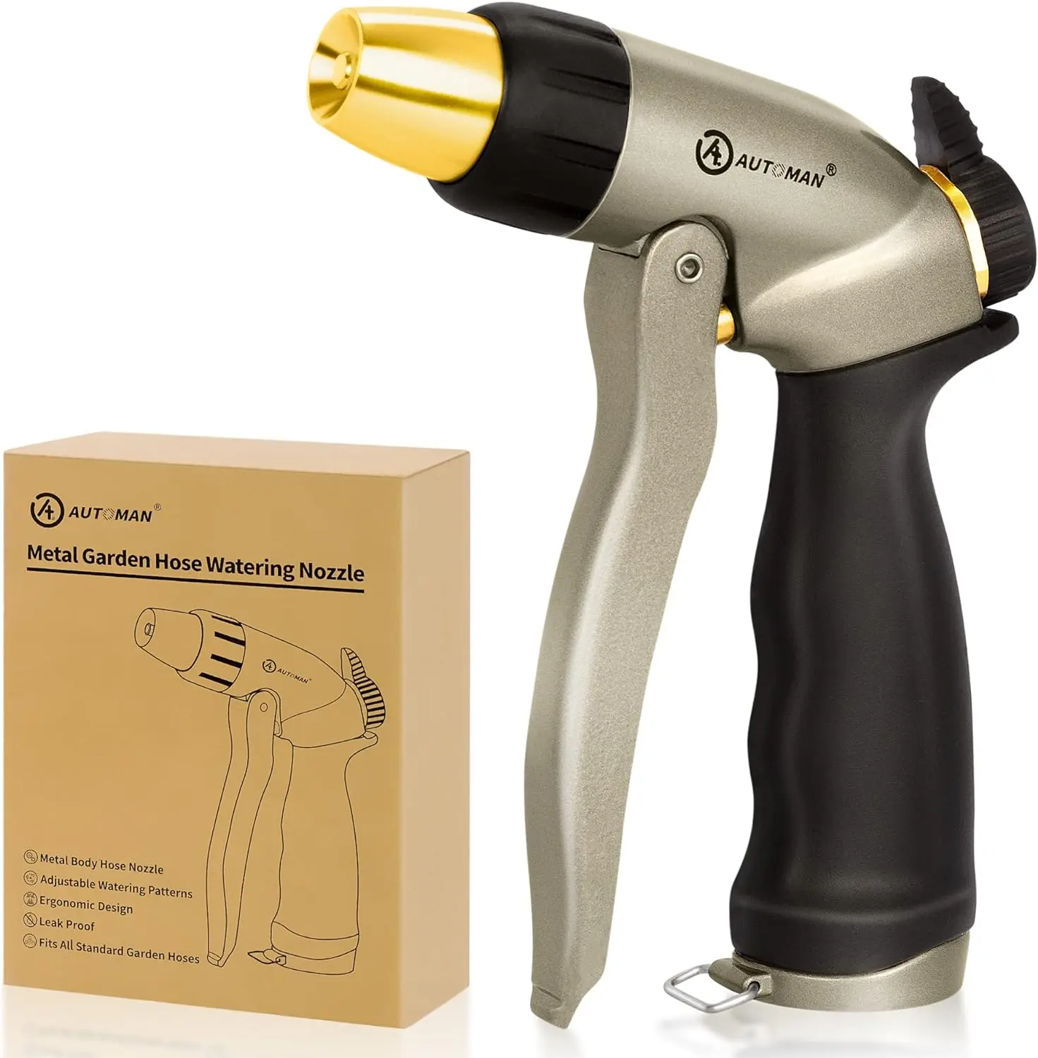 AUTOMAN Garden Hose Nozzle - 100% Metal High Pressure Spray Nozzle, Adjustable Spray Patterns,Labor-Saving,Heavy Duty Water Hose Nozzle for Garden Watering, Car Washing, Window Cleaning,Pets Showering