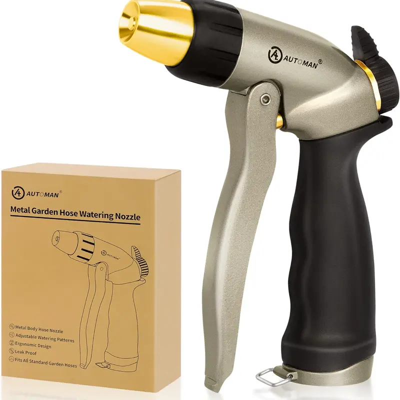 AUTOMAN Brass Metal Garden Hose Nozzle - 100% Ultra Sturdy High Pressure, 360° Rotatable, Corrosion Resistant, Rubber Gasket, Threaded Connection, Adjustable Spray Patterns, Labor-Saving Design for Garden Watering, Car Washing & Grime Removal