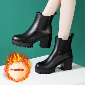 Women's Solid Color Genuine Leather High-heel Thick-heel Platform Mid-calf Boots