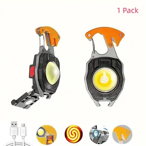 COB Keychain Work Light Flashlights Portable USB Rechargeable Emergency Light with Folding Bracket Bottle Opener and Magnet Base