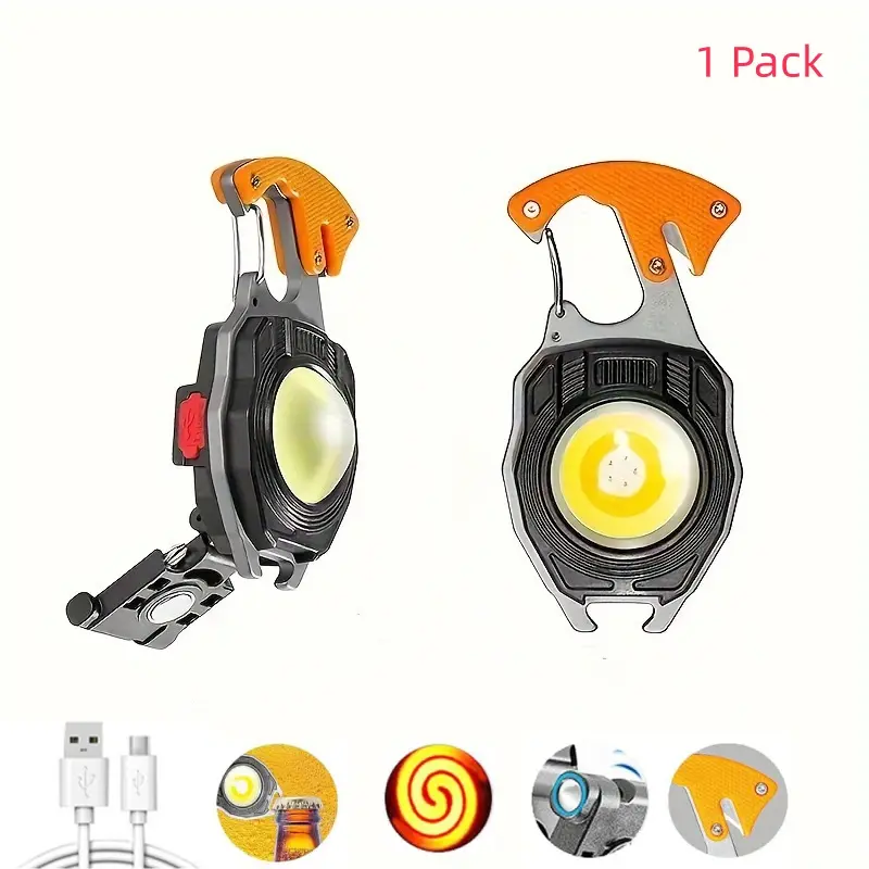 COB Keychain Work Light Flashlights Portable USB Rechargeable Emergency Light with Folding Bracket Bottle Opener and Magnet Base