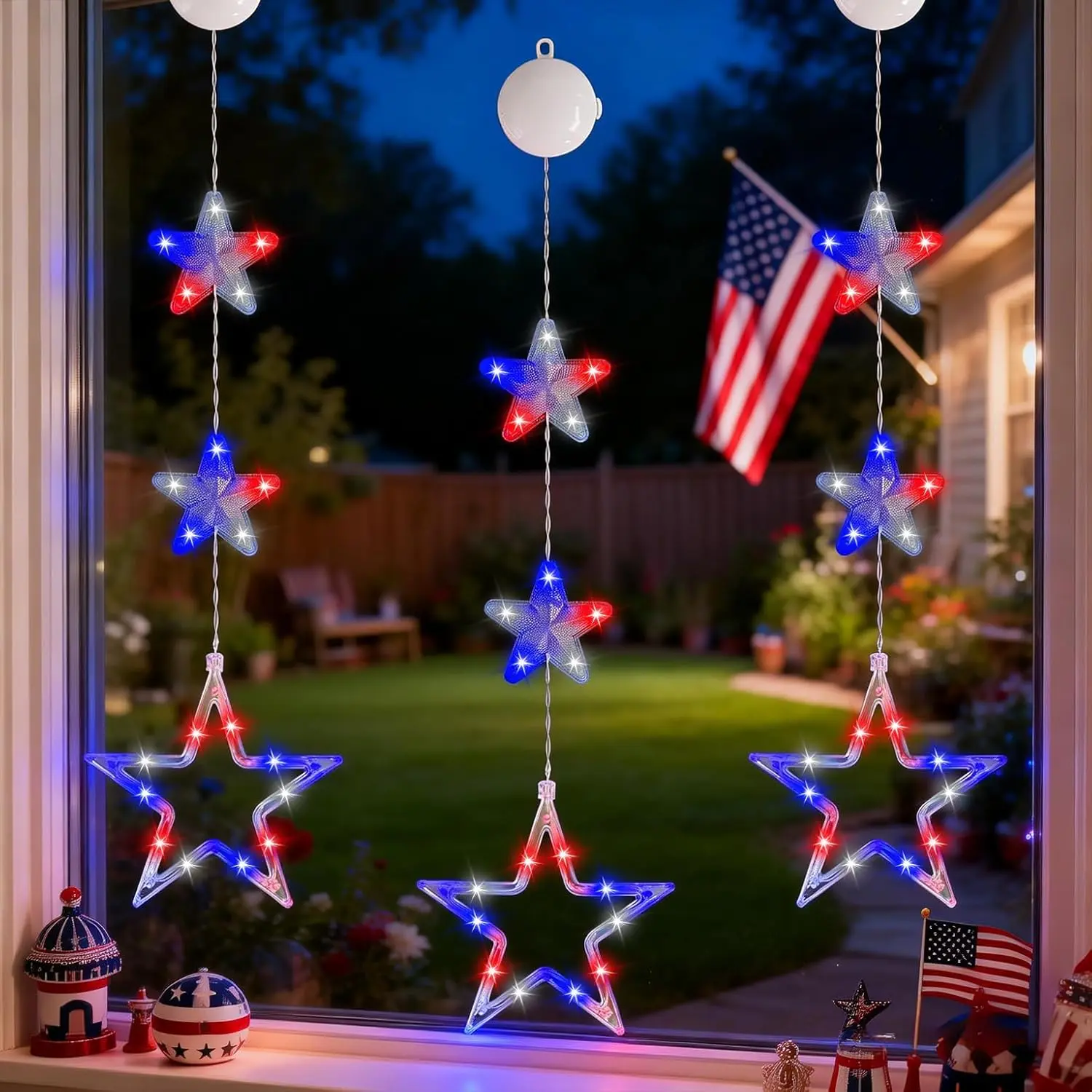 3 Pack Window Lights Decorations with Timer, Red White Blue Star Lights Battery Operated with Suction Cup Hook, LED Hanging Patriotic Decor for Memorial Day Independence Day Home Room(Colorful)