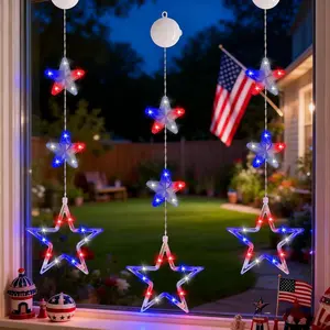 3 Pack Window Lights Decorations with Timer, Red White Blue Star Lights Battery Operated with Suction Cup Hook, LED Hanging Patriotic Decor for Memorial Day Independence Day Home Room(Colorful)