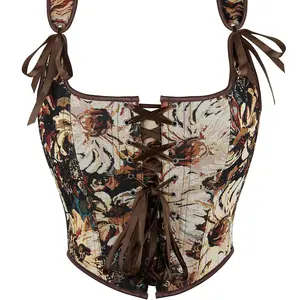 Women's Floral Print Lace Up Corset Top, Elegant Fit  Grommet Eyelet Contrast Binding Shapewear Top for Daily Wear, Fashion Women's Shapewear for All Seasons