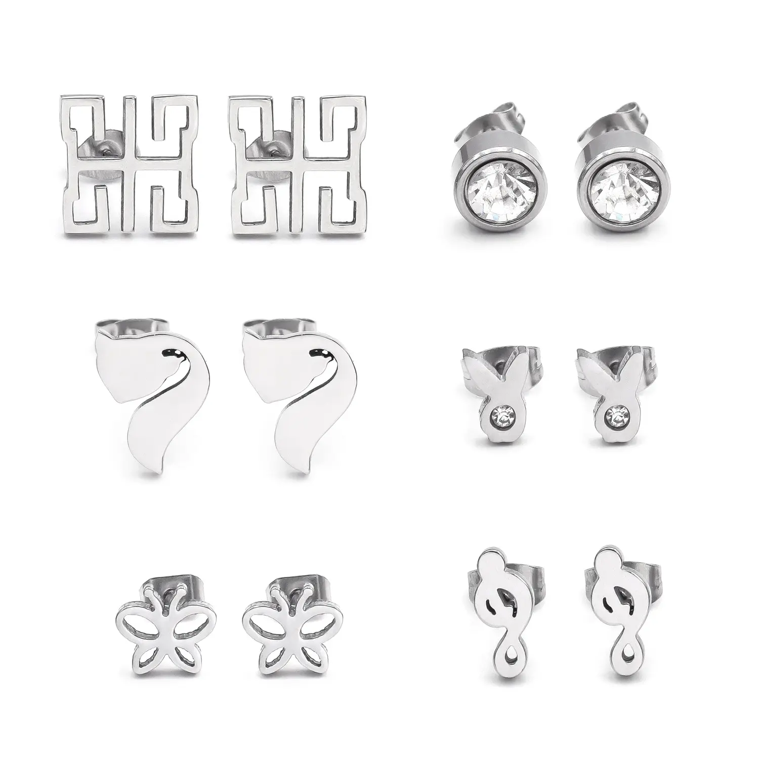 6 pairs Elegant Internally Threaded  Stainless Steel Zircon butterfuly musical note rabbit Stud Earring Women Jewelry