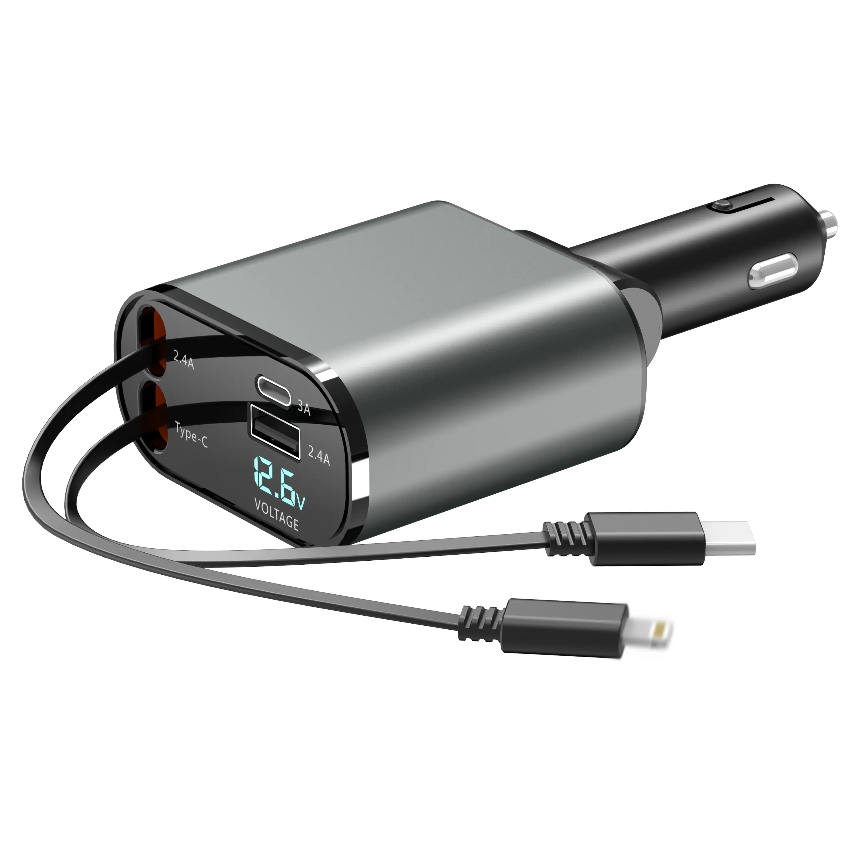 60W USB-C Super Fast Car Charger - 4-in-1 Multiport Vehicle Charger, PD Fast Charging Plug Adapter with Retractable Lightning Cable & Dual Ports for iPhones, Samsung, Multiport Charger