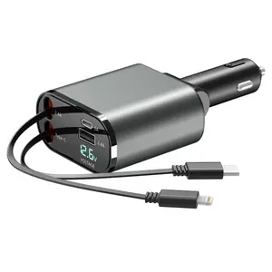 Powerful 4-in-1 Car Charger | 60W USB-C Fast Charge with Retractable Lightning Cable & Dual Ports for iPhone, Samsung & More